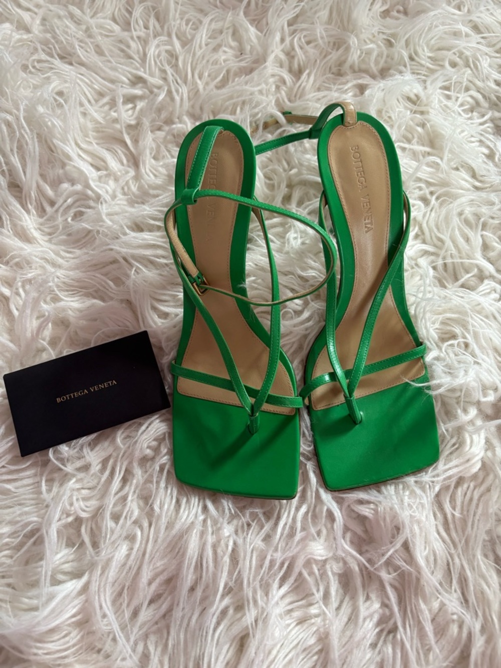 Bottega Veneta Green Leather Stretch Strappy Square Toe Sandals Size 38.5